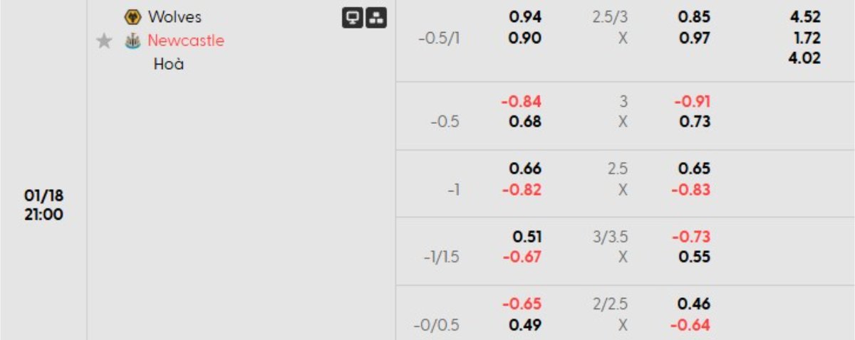 Tỷ lệ kèo Wolves vs Newcastle