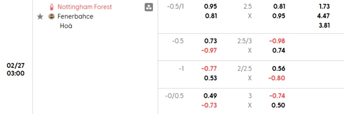 Tỷ lệ kèo Nottingham vs Fenerbahce