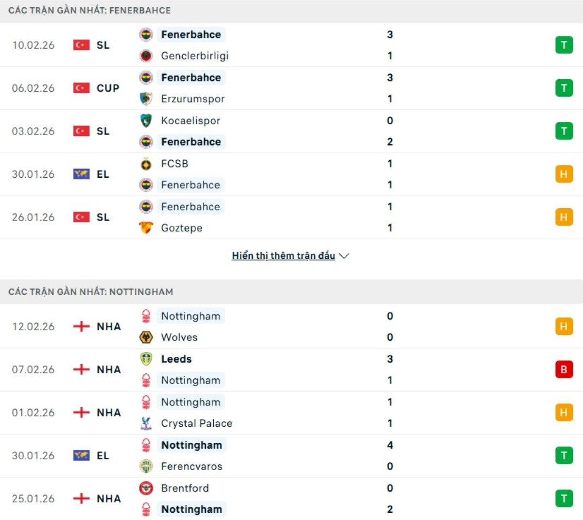 Kết quả thi đấu gần đây Fenerbahce vs Nottingham