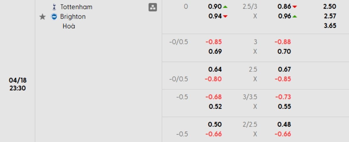 Tỷ lệ kèo Tottenham vs Brighton